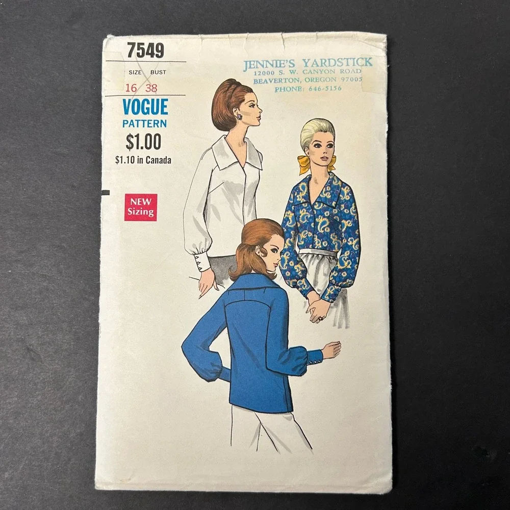 Vintage 60's Vogue 7549 Blouse Pattern Women Size 16 Raglan Sleeve